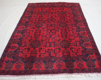 5x7 Vintage Red Rug 4'7x6'7 ft Authentic Turkmen Bukhara rug Afghan Handmade Wool Area Rug/ Khal Muhammadi Oriental Rug/ Rug for Living Room