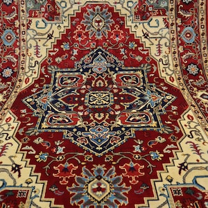 Geometric Heriz Rug 5x7 ft Turkish design Afghan handmade Fine Quality Wool Area rug/ Red Oriental Turkmen Rug/ Bedroom Rug/ Living room Rug