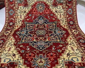 Geometric Heriz Rug 5x7 ft Turkish design Afghan handmade Fine Quality Wool Area rug/ Red Oriental Turkmen Rug/ Bedroom Rug/ Living room Rug