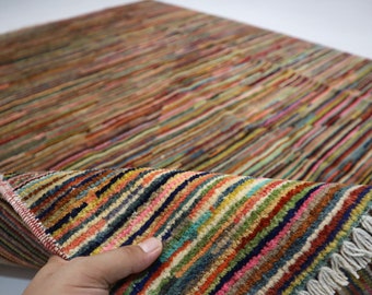 4x6 Striped Area Rug/ Afghan Hand Knotted Wool Natural Colors Gabbeh Rug/ Rug For Living Room/ Dining Table/ Office rug/ Home Decoration Rug