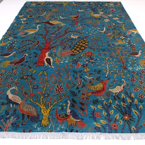 Handmade Pictorial Rug 7x10 Afghan Wool Blue Area Rug/ Peacock Birds Trees Art Rug/ Oriental Turkmen Tribal Haunting Piece Rug Kids Room Rug
