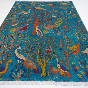 7&#39;9x5&#39;7 ft Afghan Rug 6x8 Peacock Birds Trees Pictorial Rug/ Turquoise Turkmen Fine Quality Handmade Soft Wool Rug Oriental Rug Kid Room Rug