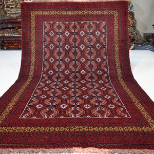 Afghan Antique Rug 4x6 Red Black Geometric Turkmen Tribal Rug/ Handmade Wool Rug/ Oriental Baluchi Rug/ Bedroom Rug/ Office rug/ 120x190 cm