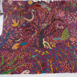 5x5 Purple Square Rug 150x150 cm Pictorial Rug/ Handmade Wool Rug/ Birds Peacocks Trees Rug/ Bedroom Rug/ Office Rug/ Kid Room Rug/ Rare Rug