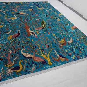 7x10 Rich Turquoise Pictorial Rug 6&#39;5x9&#39;10 ft Afghan Handmade Wool Area Rug/ Peacock Birds Tree Oriental Turkmen Rug/ Living room 200x300 cm