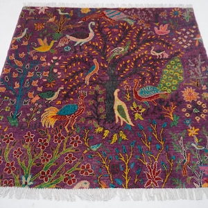 5x5 Pink Square Rug/ Pictorial Rug/ 150x150 Handmade Wool Rug/ Birds Peacocks Trees Rug/ Rare Size Rugs/ Bedroom Rug/ Office/ Kids Room Rug