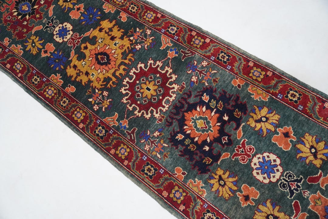 10 Ft Runner Rug/ Afghan Green Bijdar Rug/ Turkmen Hand Knotted Wool ...