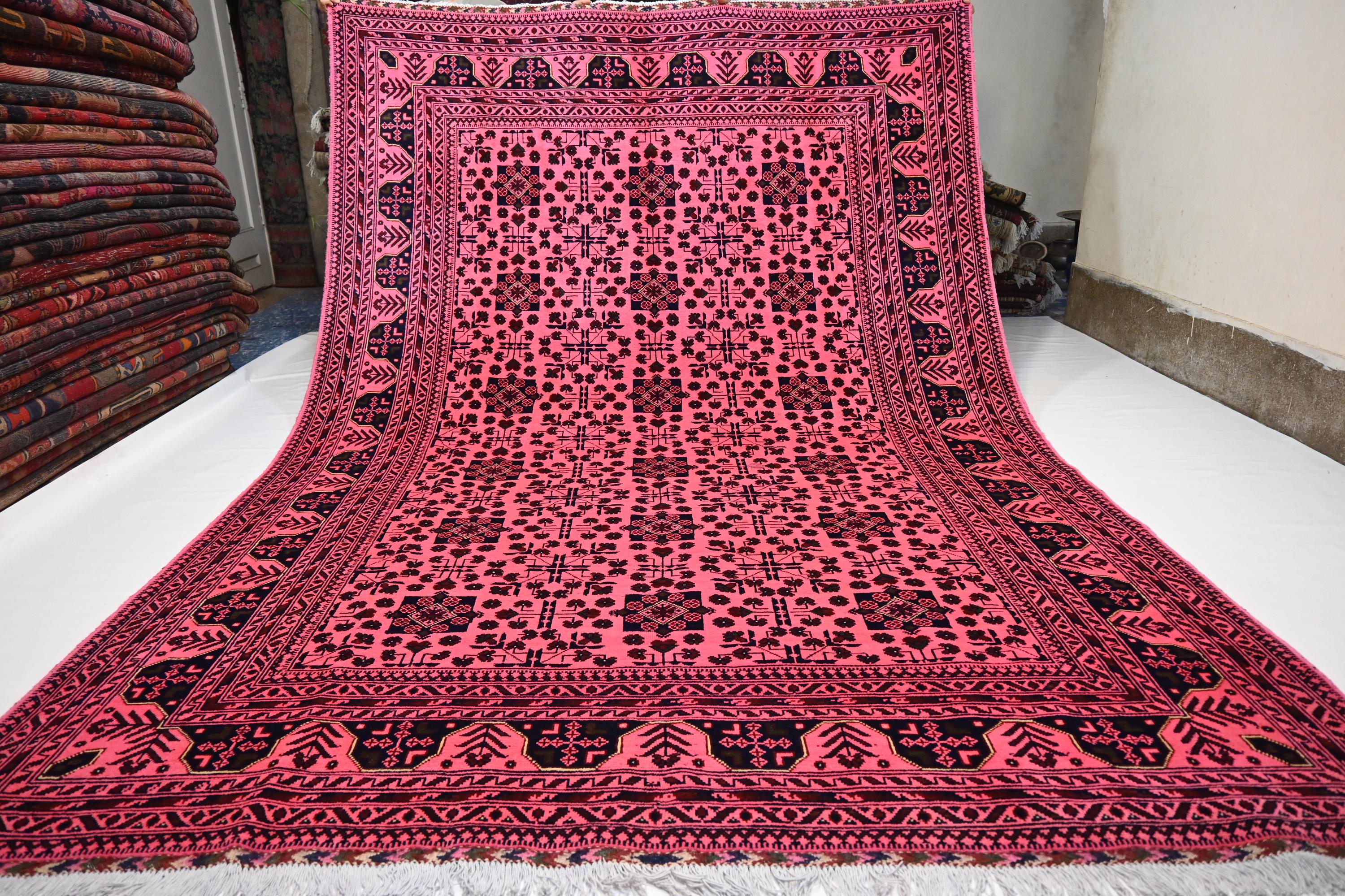 Pink Bukhara Rug 7x10 Hand Knotted Wool Rug/ Turkmen Tribal Rug