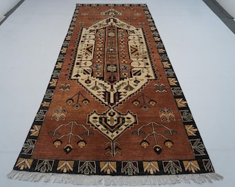 11499 Hop Antique 4x9'3 ft Caucasian Geometric Runner Rug/ Navy Maroon Pink Hand-Knotted Wool Soft Pile Fine Rug 1930s Vintage Rug/ Hallway