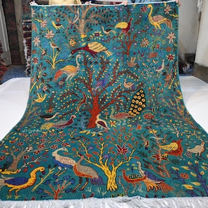 Turquoise Blue Pictorial Rug 6x8 Afghan Handmade Wool Area Rug/ Peacock Birds Trees Oriental Turkmen Rug/ Living room Rug/ Kids Room 170x240