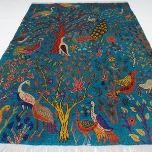 Pictorial Custom Rug/ Turquoise Rug/ Afghan Handmade Wool Area Rug/ Peacock Birds Tree Oriental Rug/ Turkmen Rug/ Living room/ Kids Room Rug