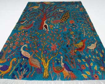 Pictorial Custom Rug/ Turquoise Rug/ Afghan Handmade Wool Area Rug/ Peacock Birds Tree Oriental Rug/ Turkmen Rug/ Living room/ Kids Room Rug