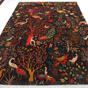 Black Pictorial Rug 7x10 Afghan Handmade Wool Area Rug/ Peacock Birds Trees Rug/ Oriental Turkmen Tribal Haunting Piece Rug/ Kids Room Rug