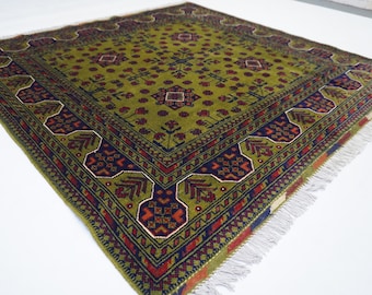 Green Custom Rugs/ Hand-Knotted Wool Area Rug/ Tribal Bukhara Rug/ Bedroom Square Rug/ Hallway runner Rug/ 3x5 5x5 8x10 7x7 5x7 3x10 2x7 Rug