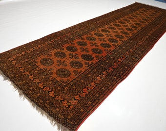 1920s Antique Runner Rug 2'8x8'10 ft Afghan Handmade Tekke Mowri design 100% Wool Turkmen Tribal Rug/ Terracotta Orange Hallway 9 ft Runner