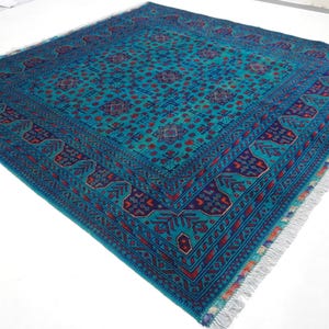 7x7 Square Rug/ Turquoise rug/ Afghan Bukhara rug/ Handmade Wool rug/ Oriental Vintage Rug/ Turkmen Tribal Fine Area Rug/ Living Room Rug