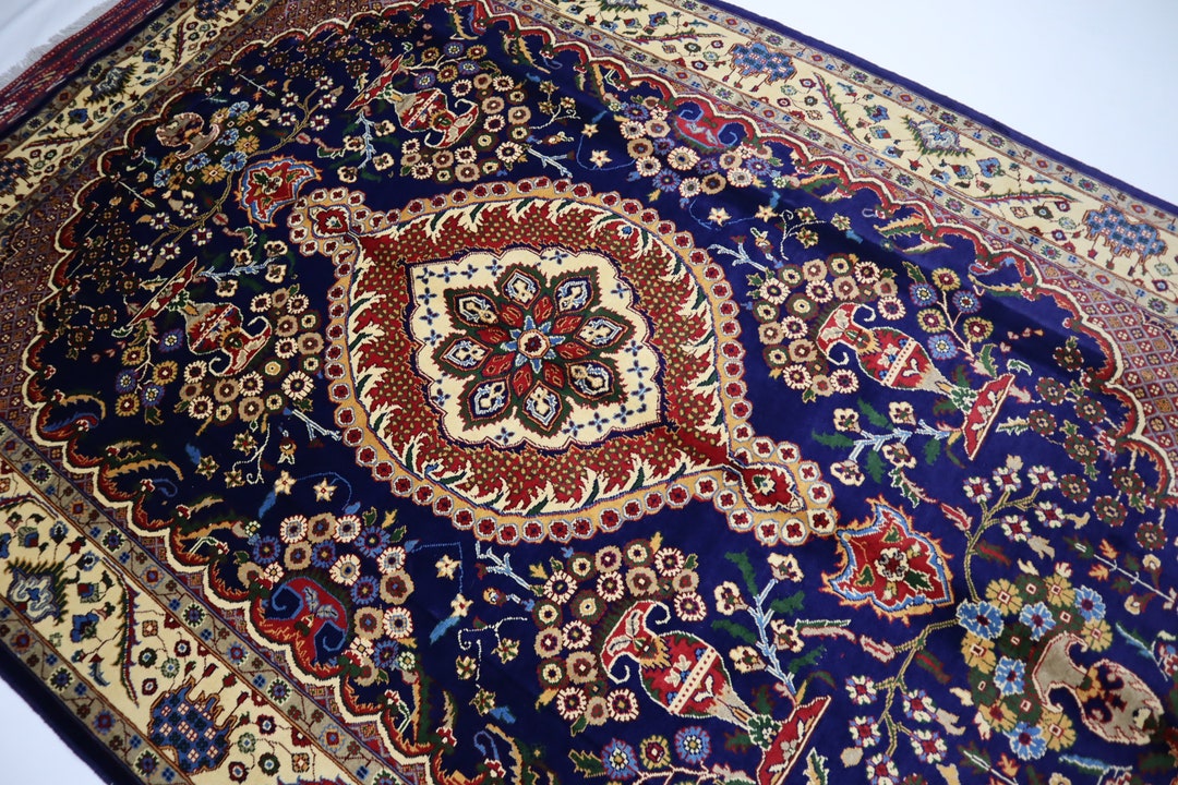 11x7 Navy Blue Floral Rug/ Turkmen Geometric Design Rug/ Afghan Fine