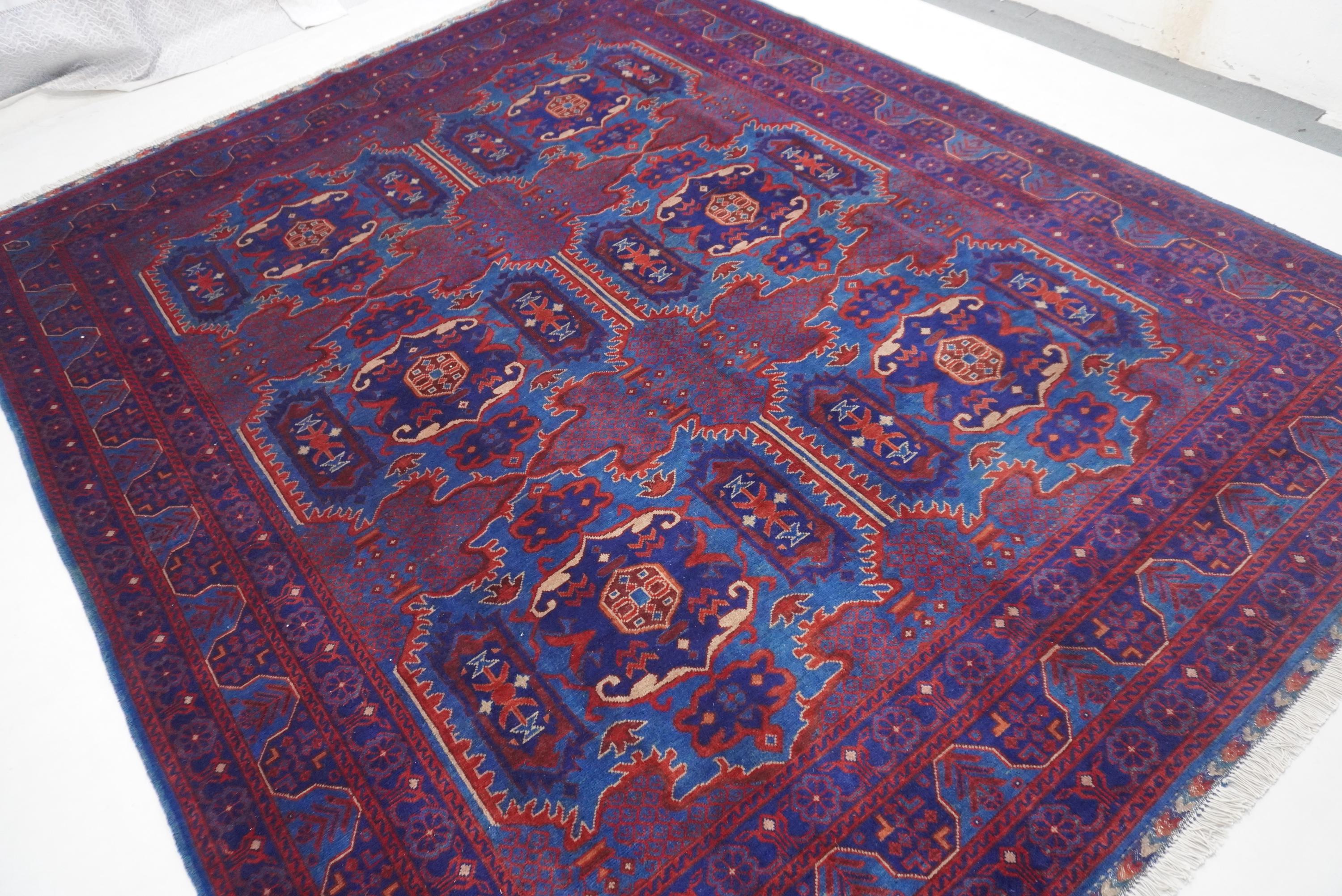 Afghan Rug 8x10 Blue with Navy Red Turkmen Rug/ Handmade Wool Rug/ Rich Fine Rug Top Quality Oriental Rug/ Large Bedroom Rug Living Room Rug