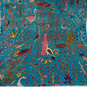 Turquoise Rug 7x7 Square Rug/ Pictorial Rug/ 200x200 cm Handmade Wool Rug/ Birds Peacocks Trees Rug/ Rare Rugs/ Bedroom Dorm Rug/ Office Rug