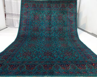 7x10 Dark Turquoise Rug/ Afghan Fine Unique design Bukhara Rug/ Turkmen Hand Knotted Super fine Soft Wool Oriental Area Rug/ Rug for Bedroom