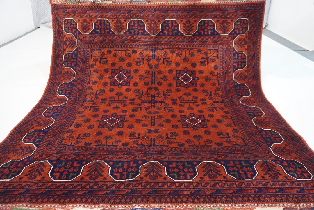 5x5 Orange Square Rug/ Turkmen Khal Muhammadi Bukhara Rug Handmade Wool ...