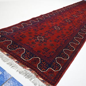 Alfombra roja de 3 metros de largo, estilo turcomano-bujara, hecha a mano 100 % lana, estilo afgano oriental Khal Muhammadi, para cocina y pasillo.