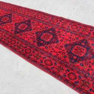 Alfombra roja de 3 metros de largo, estilo turcomano-bujara, hecha a mano 100 % lana, estilo afgano oriental Khal Muhammadi, para cocina y pasillo.