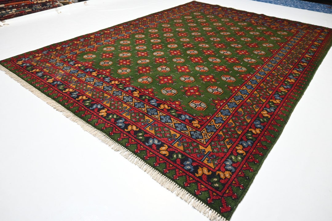 6x8 Green Bukhara Rug/ Afghan Handmade Wool Rug/ Turkmen Tribal Mowri ...