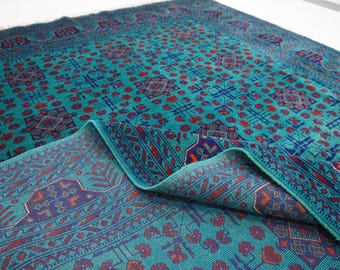 9'9x6'9 ft Turquoise Rug/ Hand Knotted Wool Rug/ Afghan Bukhara Rug 200x300 cm Stunning Rug/ Oriental Turkmen Rug/ Bedroom Rug/ Tribal Rug