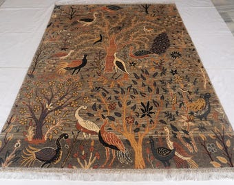 Handmade Pictorial Rug 6x8 ft/ Afghan Natural Color Area Rug/ Peacock Birds Trees Rug/ Natural Veg dyes Top quality Rug/ Rug for Kids Room