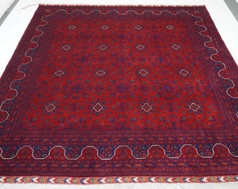 Czerwony dywan kwadratowy 9x9 cali, 8'3x8'7 cali, turkmeński dywan Khal Muhammadi Bukhara/ ręcznie robiony dywan wełniany/ czerwony dywan orientalny vintage do salonu, dywan do sypialni