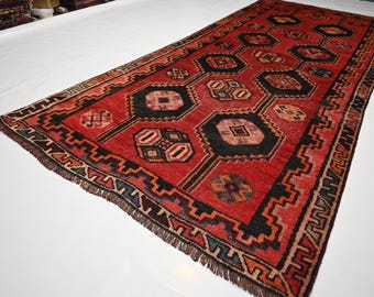 4x10 Antique Rug 4x9&#39;6&quot; Handmade Vintage Rug/ Turkmen Caucasian design Oriental Terracotta Red/ Afghan Tribal Low Pile Faded Living Room Rug