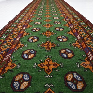 Green 13 ft Runner rug/ Turkmen Mowri design rug/ Afghan Handmade High Pile Wool Vintage rug/ Oriental Rug/ Entry way Rug Hallway Runner Rug
