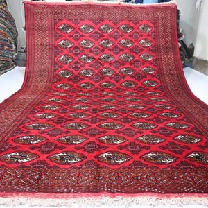 7x10 Red Vintage Rug/ Turkmen Tribal Tekke Bukhara Rug 6&#39;9x9&#39;6&quot; Afghan Handmade Wool rug/ Oriental Area Rug Living Room Rug Dining Table Rug