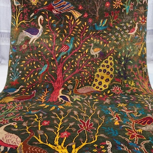 Hunting Pictorial Rug 5x7 Afghan Vintage Pictorial Rare Rug/ Handmade Wool Area Rug/ Soft Pile Fine Green Carpet/ Oriental Peacock Birds Rug