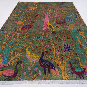 6x8 Dark Green Pictorial Rug Afghan Handmade Wool Area Rug/ Peacock Birds Trees Rug Oriental Turkmen Rug/ Living room/ Kids Room 170x240 cm