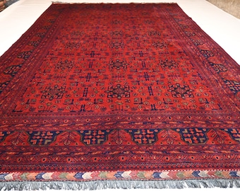 8x10 Large Afghan Rug/ Tribal Bukhara Rug Turkmen Handmade Wool Rug/ Vintage design Red Oriental Rug/ Soft Pile Rug/ Living Room Bedroom rug
