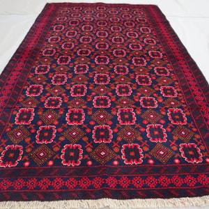 3&#39;8x6&#39;3 ft Afghan Floral Baluchi Vintage fine Handmade Wool Dark blue Red Brown Area rug/ Rug for Bedroom/ Office/ Dorm Carpet