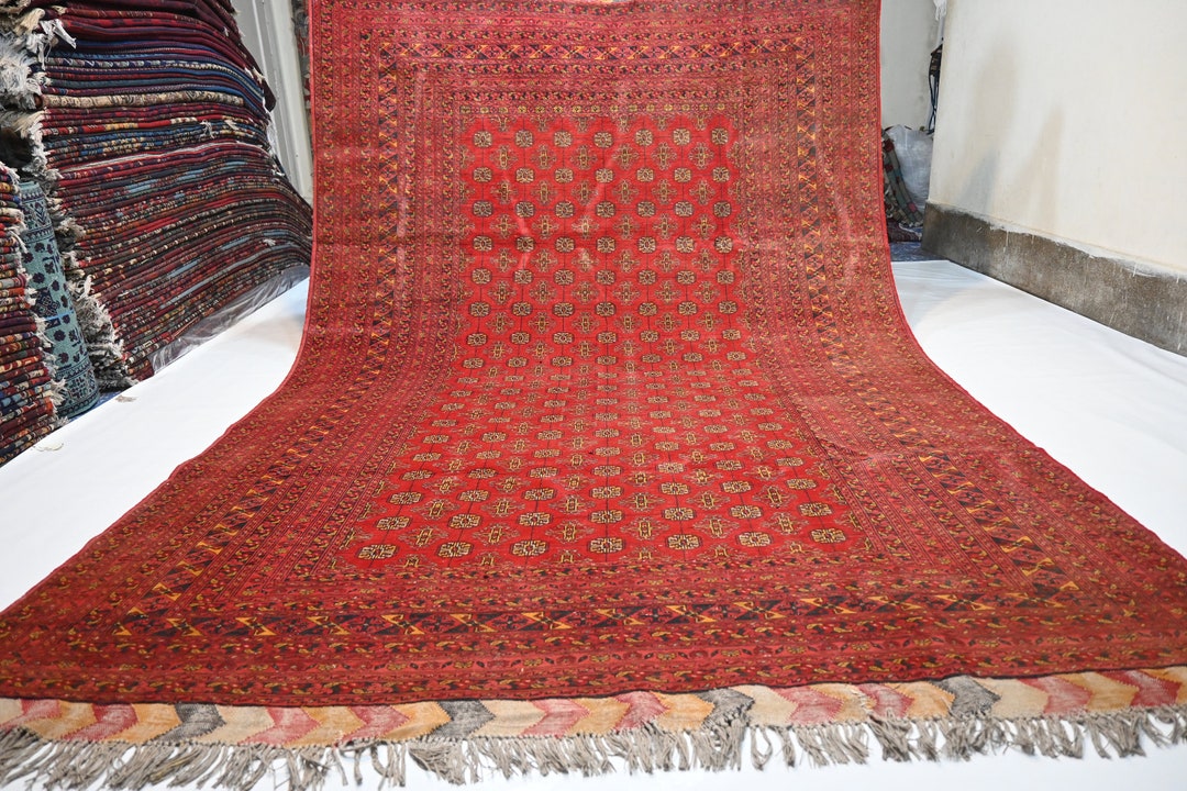 1950s Antique Turkmen Mowri Rug/ Orange Shape Afghan Handmade Wool Area ...