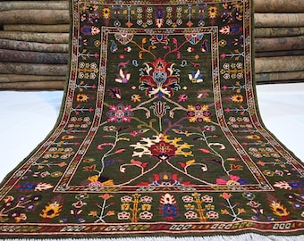 4x6 Dark Green rug/ Bijdar Rug/ Handmade Rug Floral Sultani Rug/ Fine Wool Rug Turkmen Oriental Rug/ Bedroom/ Office Rug 125x190 cm Area Rug