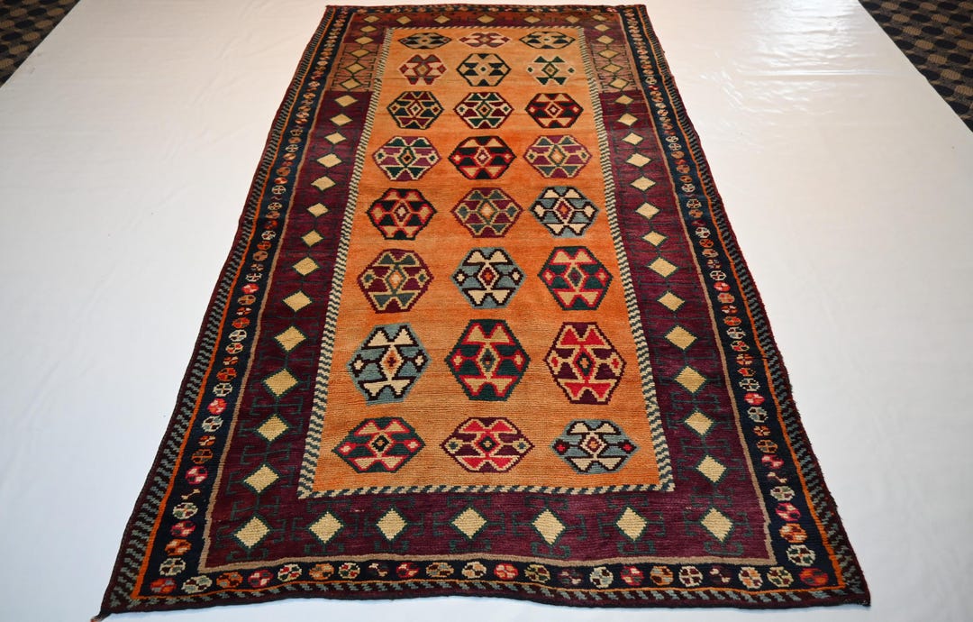 1940s Antique Orange Rug 4'5x7'8 Ft Afghan Caucasian Rug/ Handmade