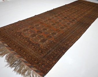 Alfombra de corredor antiguo de la década de 1920 3x9'9 pies afgano hecho a mano Tekke Waziri diseño 100% lana alfombra tribal turcomana / pasillo marrón terracota 10 pies corredor