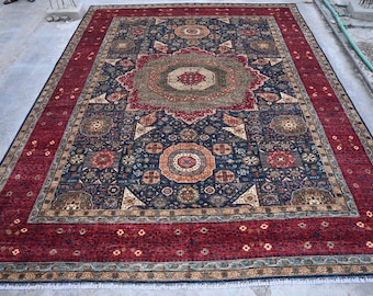 ハンドメイドのアフガニスタンウールラグ：9.11 x 13フィート、赤、青