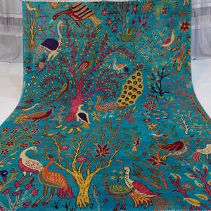 5&#39;6&#39;5 ft Afghan Rug/ Peacock Birds Trees Pictorial Rug/ Turquoise Rug/ Turkmen Fine Quality Handmade Soft Wool Rug Oriental Rug Kid Room Rug