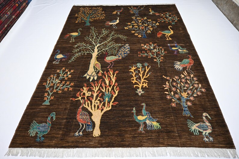 6x8 Dark Brown Pictorial Rug/ Peacocks Birds Afghan Wool Rug/ Handmade