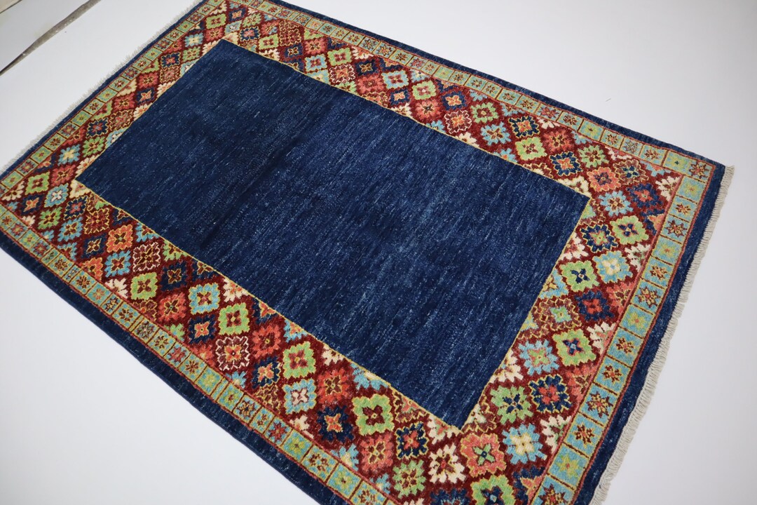 Navy Blue Rug 4x6 Afghan Rug/ Bordered Gabbeh Rug/ Oriental Turkmen Rug