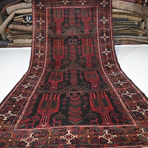 Afghan Vintage Rug 4x8 Hand Knotted Wool Rug/ Geometric Pictorial Area Rug/ Oriental Rug/ Turkmen Tribal Red Black Rug / Bedroom/ Office Rug