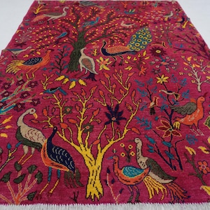 Pink Pictorial Rug 5x7 Afghan Handmade Wool Area Rug/ Peacock Birds Trees Rug/ Oriental Turkmen Tribal Rug/ Kids Room Rug/ 150x200 cm