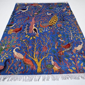 Handmade Pictorial Rug 5x7 Afghan Hand Knotted Wool Rug/ Peacock Birds Tree of life/ Kids Room Rug/ Unbelievable Art Rug/ Living Room Rug