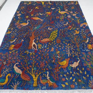 7x10 Large Blue Rug/ Afghan Pictorial Rug/ Turkmen Rug/ More than 50 Birds Peacocks Birds Trees Rug/ Oriental Rug/ Kids Room Rug Bedroom Rug